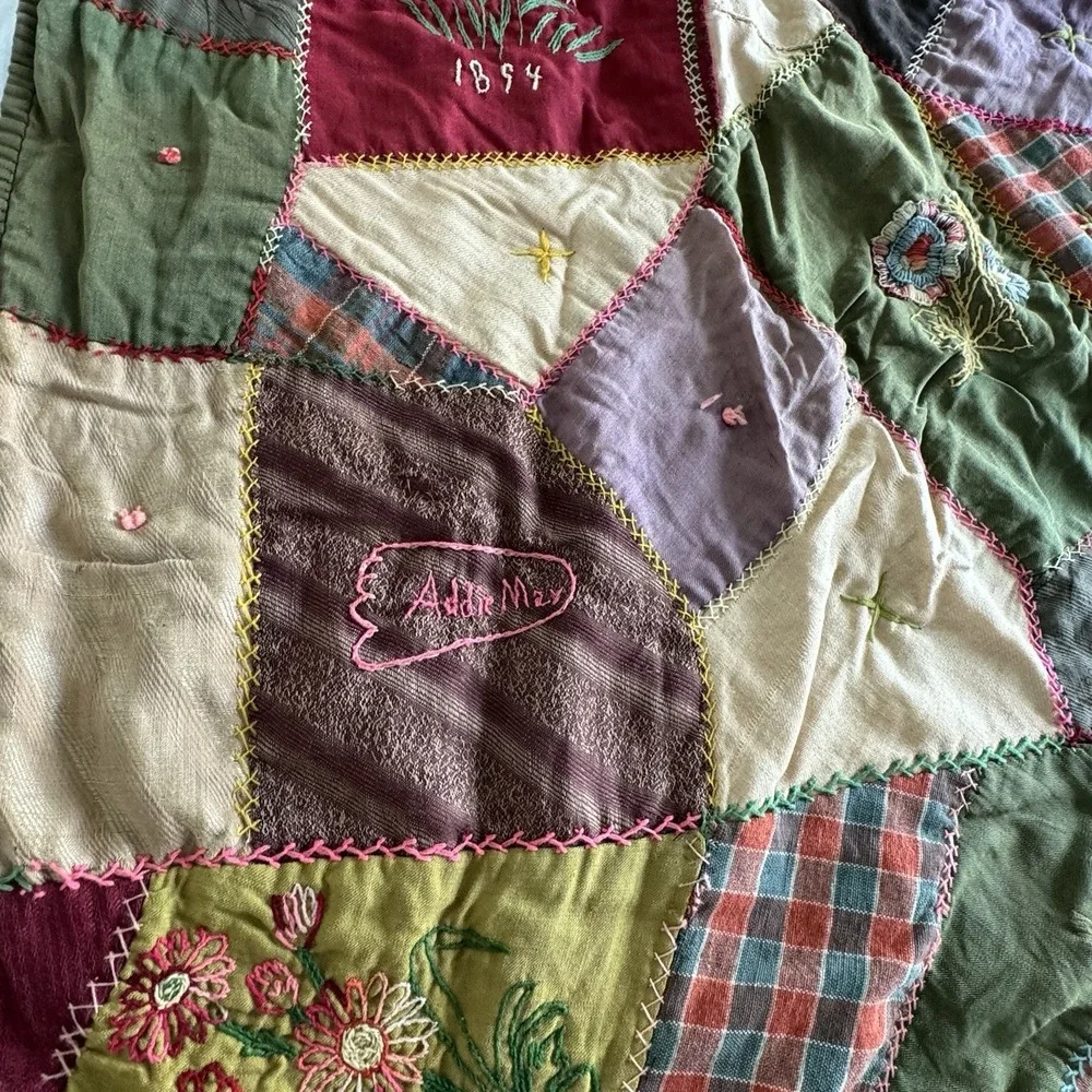 Antique‎ 1890s Tattered Crazy Quilt Hand Pieced Embroidered 60